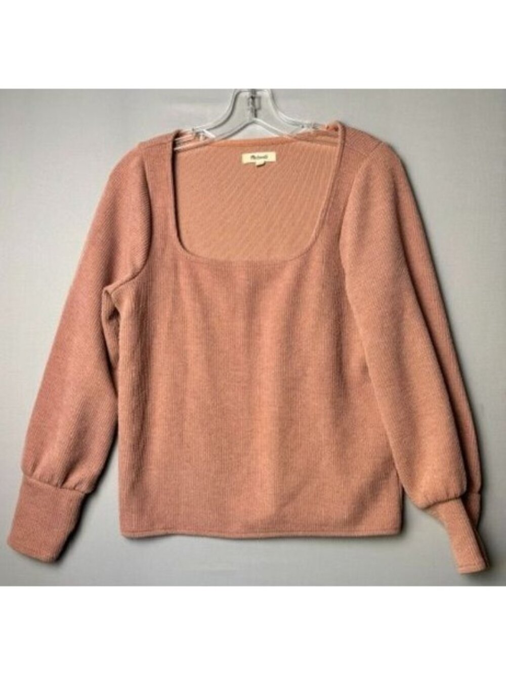 Madewell Women's M Ribbed Knit Square Neck Puff Sleeve Sweater Top Dusty Rose